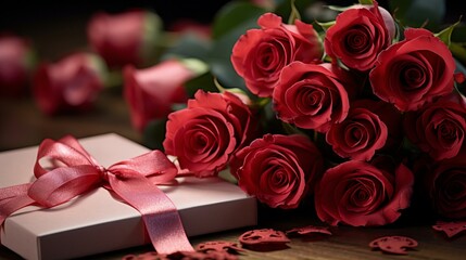 Elegance in Bloom: Red Roses and Satin Ribbon Adorning a Gift Box of Secrets