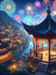 A gazebo overlooking a fantasy Chinese town beneath colorful Spring Festival fireworks at night. Lunar New Year imagery.