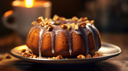 Christmas cake with frosting and walnuts on a dark table