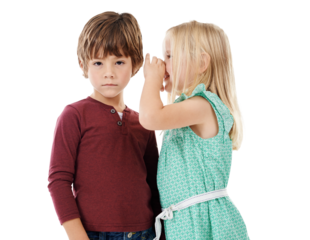 Secret, whisper and portrait of girl and boy with conversation and serious confident attitude. Sweet, gossip and children or kids from Canada with friendship isolated by transparent png background.