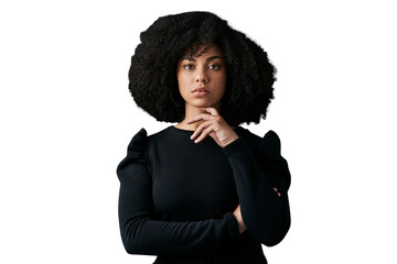Fototapeta na wymiar Woman, confidence and fashion in portrait, stylish clothing and afro or isolated on transparent png background. Black female person, face and pride for outfit, elegant and beauty or glamour aesthetic