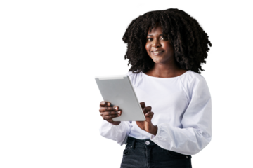 Tablet, research portrait or professional black woman with online feedback, project data or web info. Management, social media job experience or African person isolated on transparent, png background