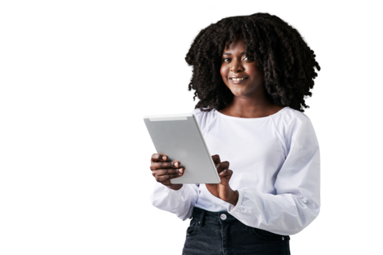 Tablet, research portrait or professional black woman with online feedback, project data or web info. Management, social media job experience or African person isolated on transparent, png background