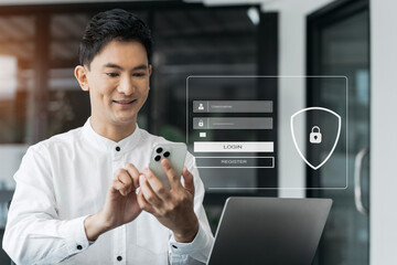 Zero trust security concept Person using smartphone and tablet with zero trust icon on virtual screen of Data businesses.in office.