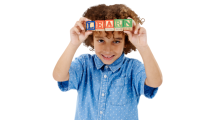 Boy, portrait and building blocks with education to learn, letter and alphabet with fun game in childhood. Kid, smile and face with play for development and isolated on transparent png background