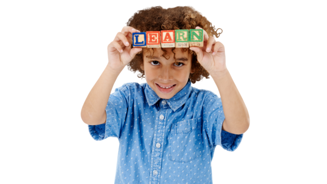 Boy, portrait and building blocks with education to learn, letter and alphabet with fun game in childhood. Kid, smile and face with play for development and isolated on transparent png background - Powered by Adobe