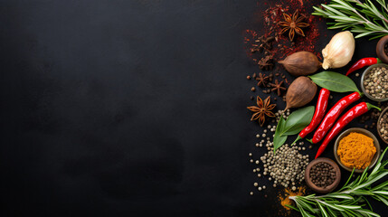 Fototapeta na wymiar Spices and herbs on black slate background.