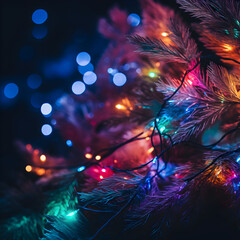 Obraz na płótnie Canvas Beautiful Christmas aesthetic, dark color palette, bright colors and fairy lights