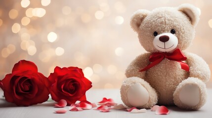 Super cute Teddy bear toy with red roses. Happy Valentine's day greeting card concept. AI generated image
