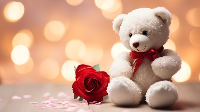 Super cute Teddy bear toy with red roses. Happy Valentine's day greeting card concept. AI generated image