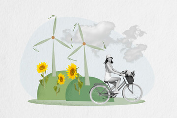 Horizontal photo drawing collage of young woman ride bike outdoor windmill air pollution sunflower...