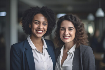 Portrait of two women of different nationalities working together in the office smiling at the camera dressed in classic attire. Pleasant work in the office.generative ai
 - obrazy, fototapety, plakaty
