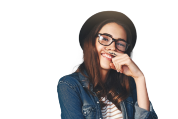 Moustache, finger and smile with woman and portrait with modern and hipster outfit and youth fashion. Happy, glasses and confidence with casual clothes isolated on a transparent, png background