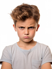 A handsome boy is angry and offended. Age crisis. Isolated on white background