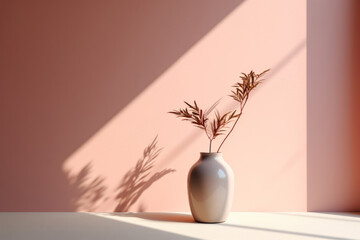 Beautiful minimalist light pink background with a vase of dry flowers and shadows with sun rays on the wall with space for text or inscriptions.generative ai