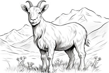 Goat on white background, illustration. Coloring page. Generative AI