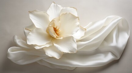White silk fabric with a rose creating an abstract texture background