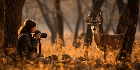 Photographer taking photo of wildlife, man with camera and deer in the nature - obrazy, fototapety, plakaty