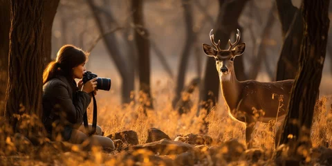 Poster Photographer taking photo of wildlife, man with camera and deer in the nature © kardaska