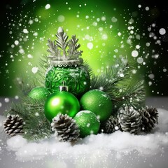 Fototapeta na wymiar Bright green Christmas decorations, winter fairy tale, snow falling, bright festive background