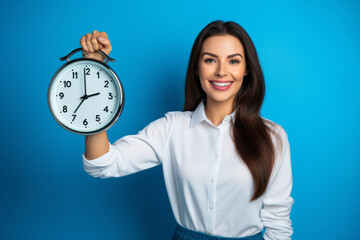Smiling business woman in classic outfit holding large watch in right hand facing camera isolated on blue background with space for inscriptions and text.generative ai