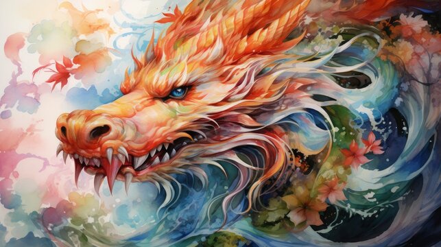 Chinese New Year, full body view of wood dragon, watercolor isolated on beautiful colorful background