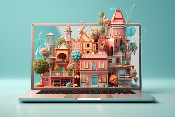 Laptop with modern houses on it, concept of  housing search online realtor, rent housing market, homebuyer,  real estate technology, AI generative.