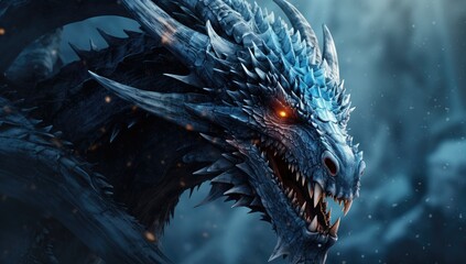 a blue and black dragon with gloving eyes