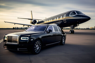 Luxury black car standing next to a private black jet at the airport, rich and luxurious life theme, front view.generative ai - obrazy, fototapety, plakaty