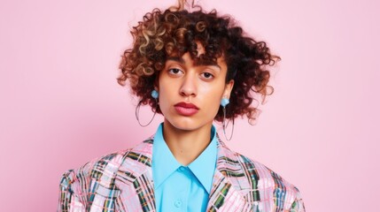 Elegant pose against a light beige pink studio background.