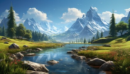 a lake surrounded by mountains, waterfalls and grass