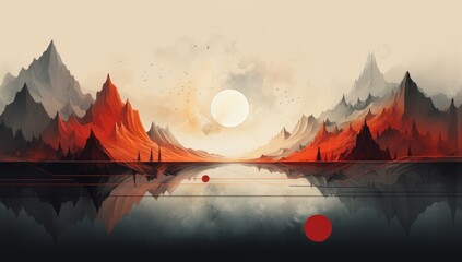 abstract artwork with a mountain and a sunset with geometry reflections