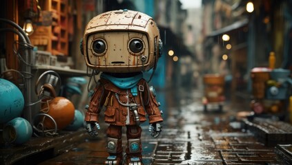 Lonely robot standing in a rainy city
