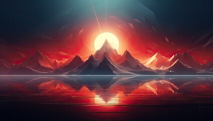 abstract artwork with a mountain and a sunset with geometry reflections