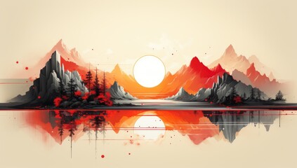 abstract artwork with a mountain and a sunset with geometry reflections