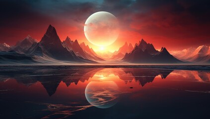 abstract artwork with a mountain and a sunset with geometry reflections