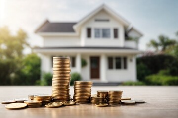 Coins stacked on each other in front of the house and blurred background