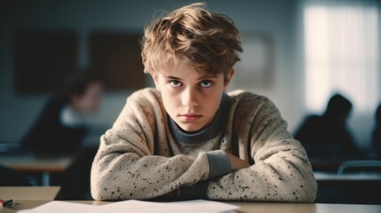 Obraz premium Alone at a table in a quiet classroom, a teenage boy's expression speaks volumes about his inner sadness.