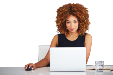 Laptop, table and portrait of business woman on mouse, work or search internet in creative startup. Computer, professional writer at desk and face of employee isolated on a transparent png background