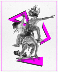 Contemporary art collage. Young man with hairdo hairstyle in monochrome performing Ollie trick against white background with pink figures.