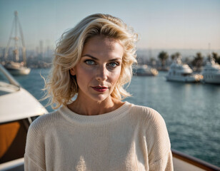 Fototapeta premium photo of beautiful middle aged woman with blonde hair and sweater standing in luxury yacht cruise, generative AI