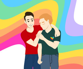Coming Out. Happy gay couple and pride flag on white background, illustration