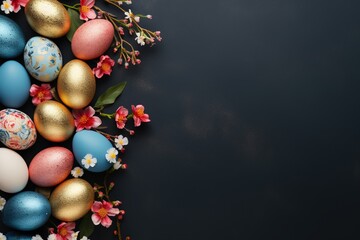Obraz na płótnie Canvas Decorated colored Easter eggs and flowers on a dark background with copy space, flat lay