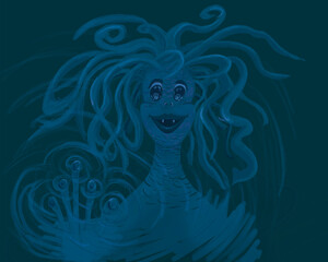 mermaid illustration, underwater, horror scary illustration