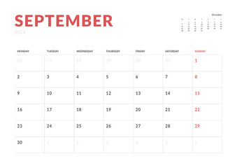 Monthly page Calendar Planner Templates of September 2024. Vector layout of simple calendar with week start Monday for print. Page for size A4 or 21x29.7 cm