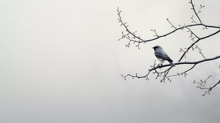 A bird is perched on a branch of a tree in winter time