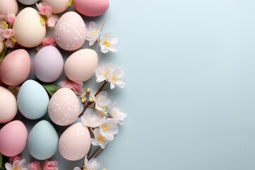 Naklejka na ściany i meble Easter eggs and flowers on a pastel blue background with copy space, festive flat lay