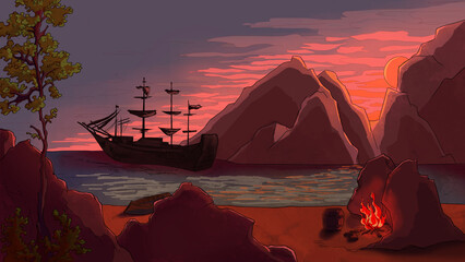 pirate ship at sunset, landscape with a bonfire on the beach