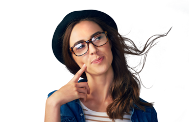Woman, glasses and thinking of ideas for decision, planning insight or questions in wind isolated on transparent png background. Hipster brainstorming solution, remember memory and vision in breeze