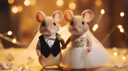 Two super cute mouses bride and groom. Lovely wedding couple. AI generated image